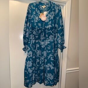 Umgee Dress Teal Blue Floral Long Sleeve